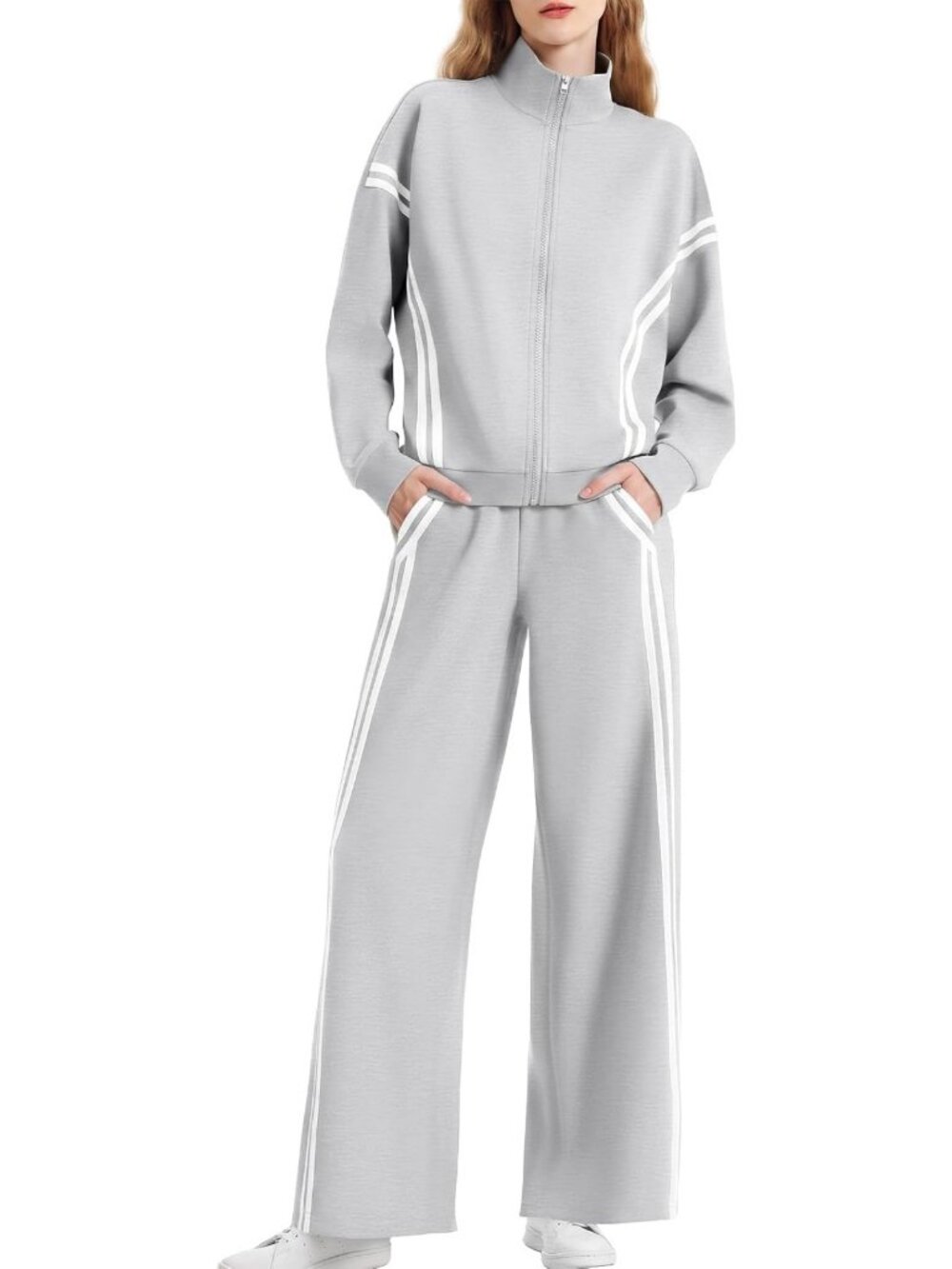 Cozy Women's 2-Piece Lounge Set, Zip-Up Sweatshirt & Striped Tracksuit Set